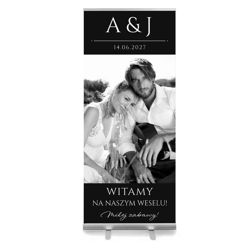 Ślubny Baner Zwijany Roll Up ze Zdjęciem Stojący Witacz Weselny Witamy