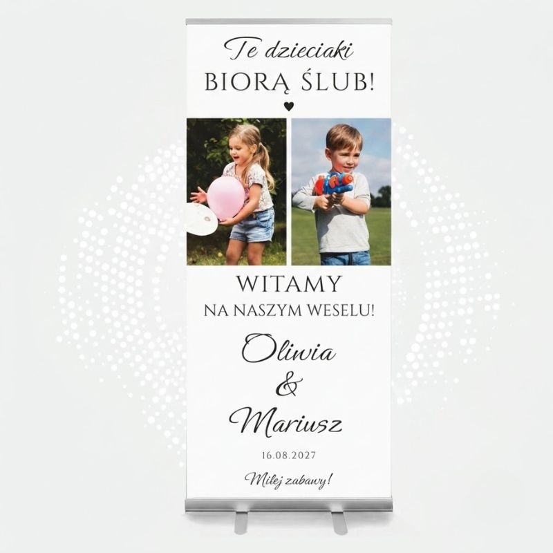 Roll-Up Ślubny ze Zdjęciem Te Dzieciaki Biorą Ślub Dekoracja Weselna