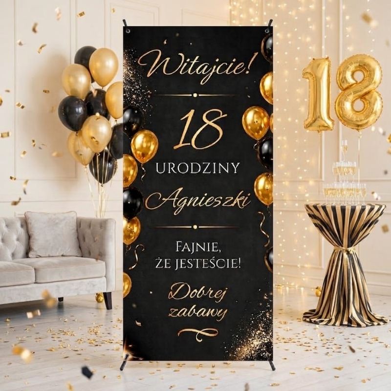 Elegancki X-baner Powitalny na 18, 20, 30, 40 Urodziny Czarno Złoty Glamour AN2030
