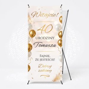 X Baner na 40 Urodziny Ścianka Urodzinowa Beżowo Złote Balony AN2031