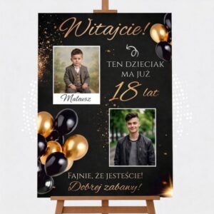 Tablica Powitalna Zdjęcie Kiedyś i Dziś Ten Dzieciak Ma Już 18 Lat. Tablica urodzinowa witacz na 18 urodziny Kuby ze zdjęciem i złotymi balonami, stojąca na drewnianej sztaludze w udekorowanej sali.